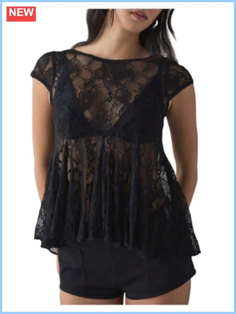 Sheer Lace Peplum Top Floral Embroidery Babydoll Blouse